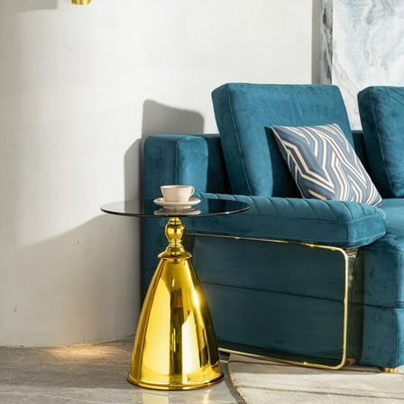 Table Side Table with Modern Gold Carbon Steel Legs and Contemporary Grey Tempered Glass Top