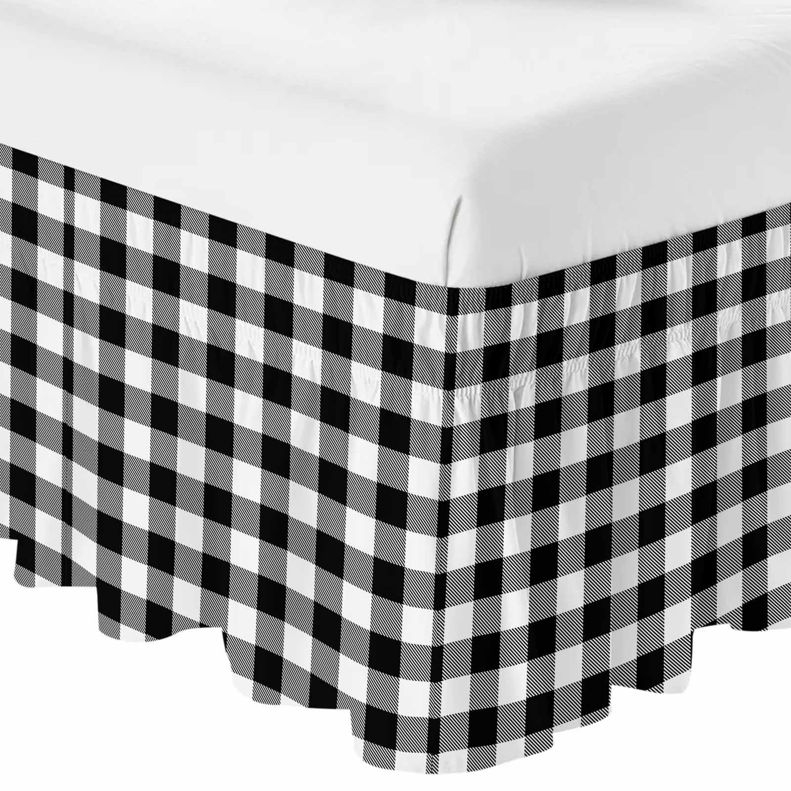 Bed Skirt Black Check Plaid Adjustable Elastic Wrap-Around Dust Ruffle with Black White Farmhouse Style 16 Inch Drop, Bed Frame Cover for Queen Size Bed