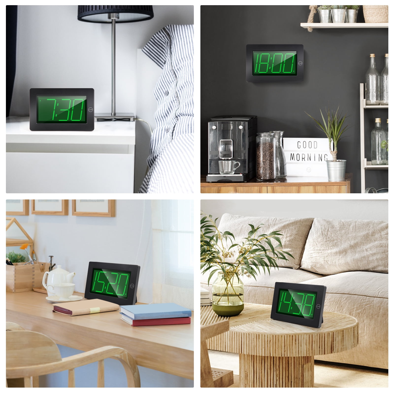 Kwanwa 8" Digital Wall Clock, Alarm Clock Battery Operated, Auto Dimmer Mode, Tabletop, Bedroom, Living Room, Office