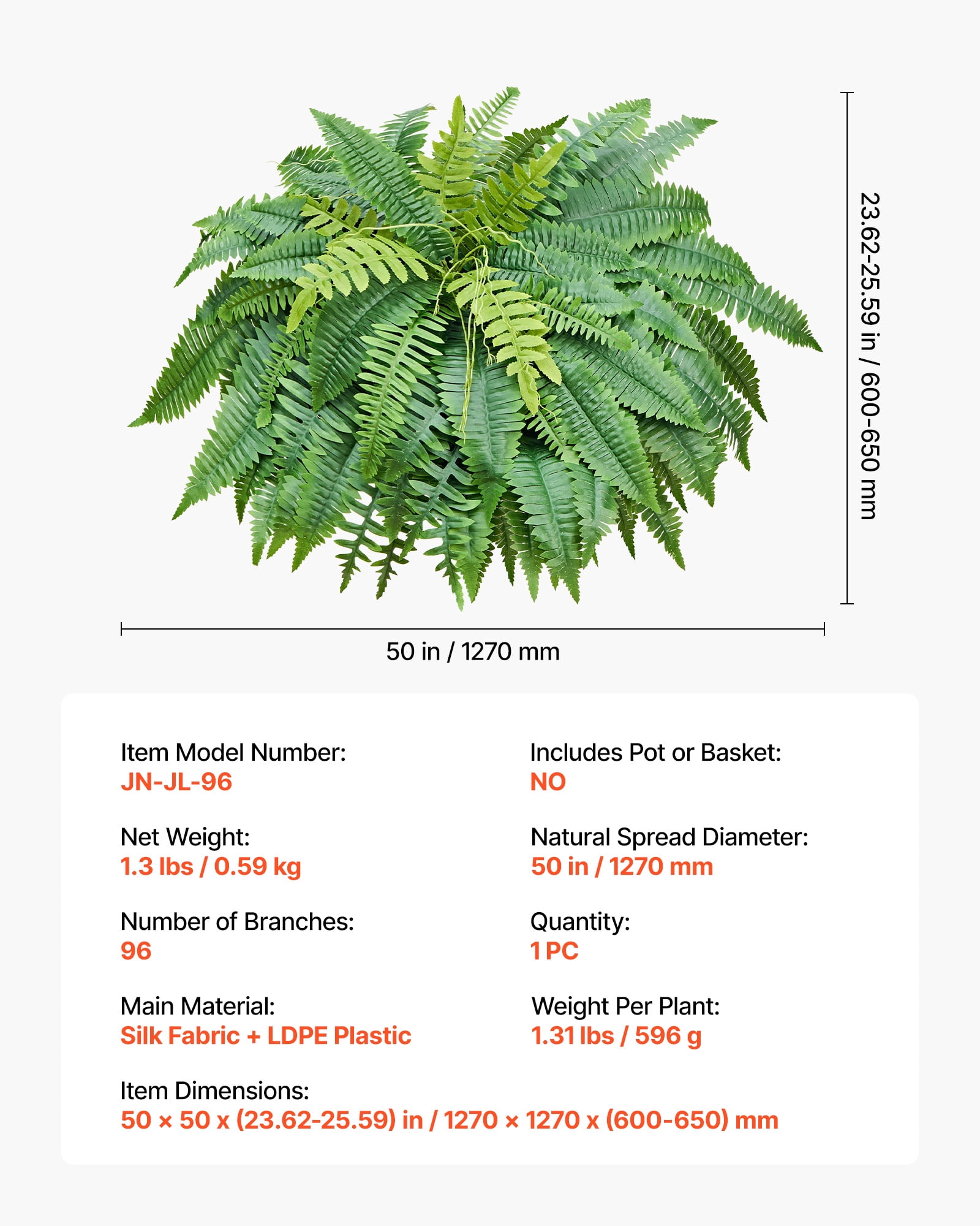 VEVOR Artificial Ferns, 50 Inch Fake Boston Fern Bush Plant with 96 Fronds, Large Faux Greenery for Indoor and Outdoor Decor, Silk & LDPE, Realistic for Home Porch Garden Office Living Room Planter