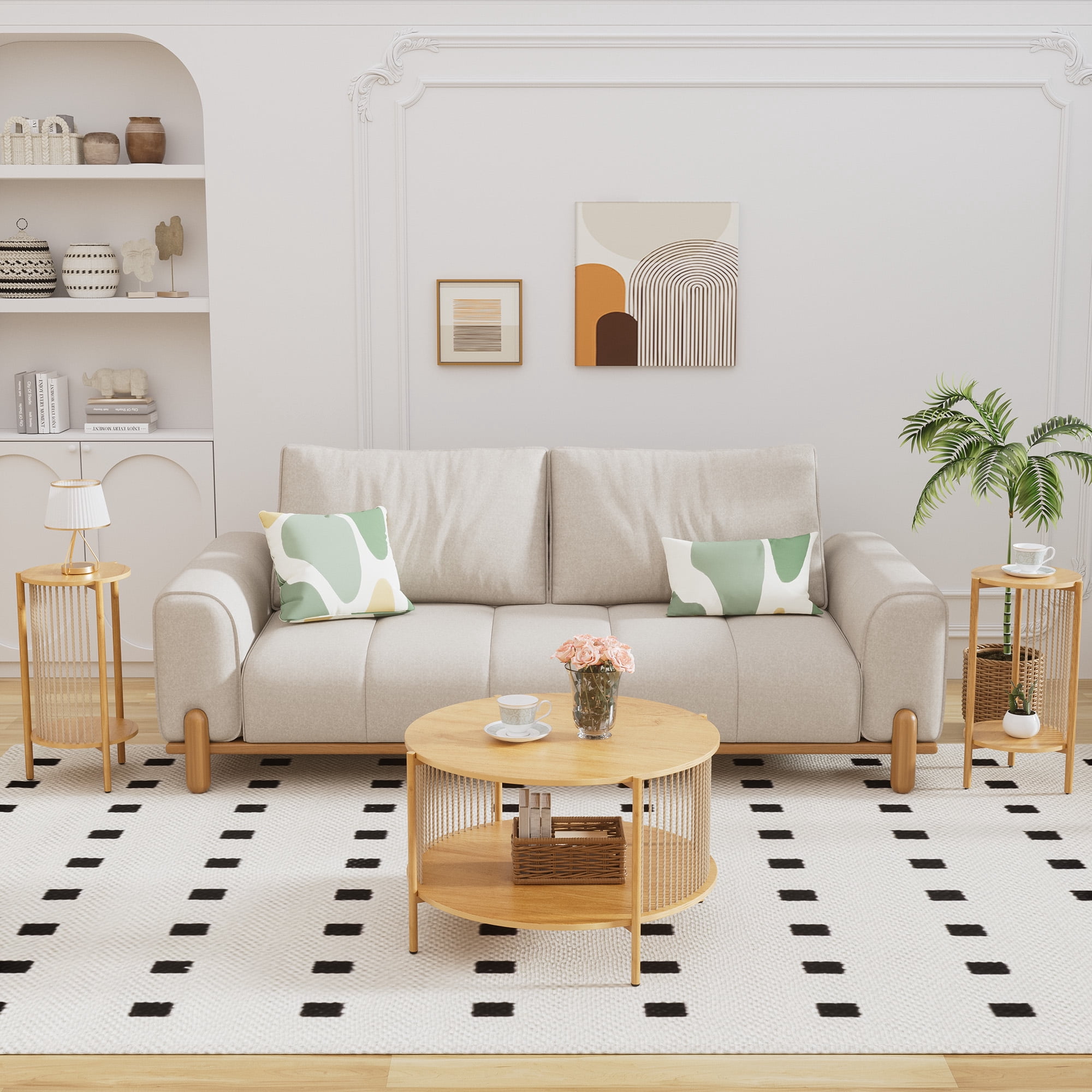 Brafabhome 3-Pieces Coffee Table Set with Hand-Woven Natural Rope, Boho Living Room Table Set with Storage Shelf and Metal Frame, Round Coffee Table & 2 Side Tables for Apartment Home Office