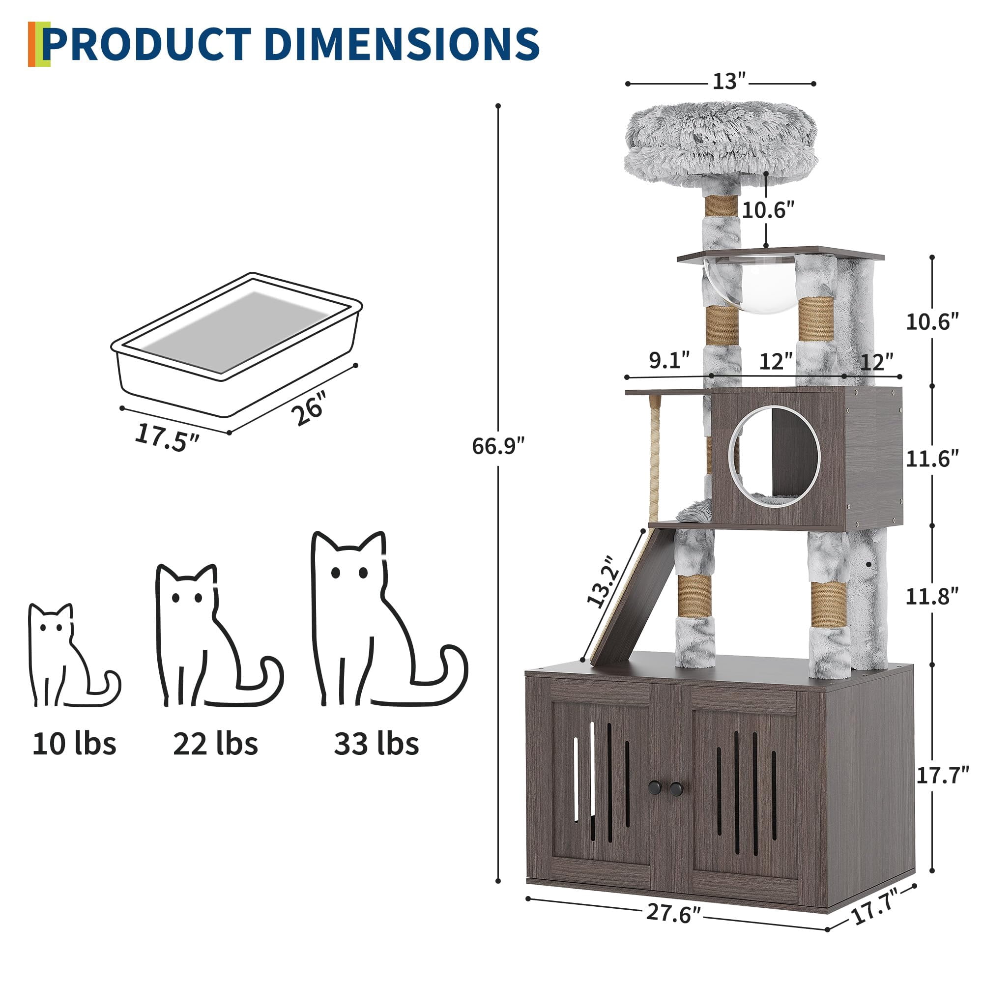 Litter Box Enclosure  with Cat Tree, 2-In-1 Cat Tower, 66.9-Inch Tall Cat Condo with Scratching Posts