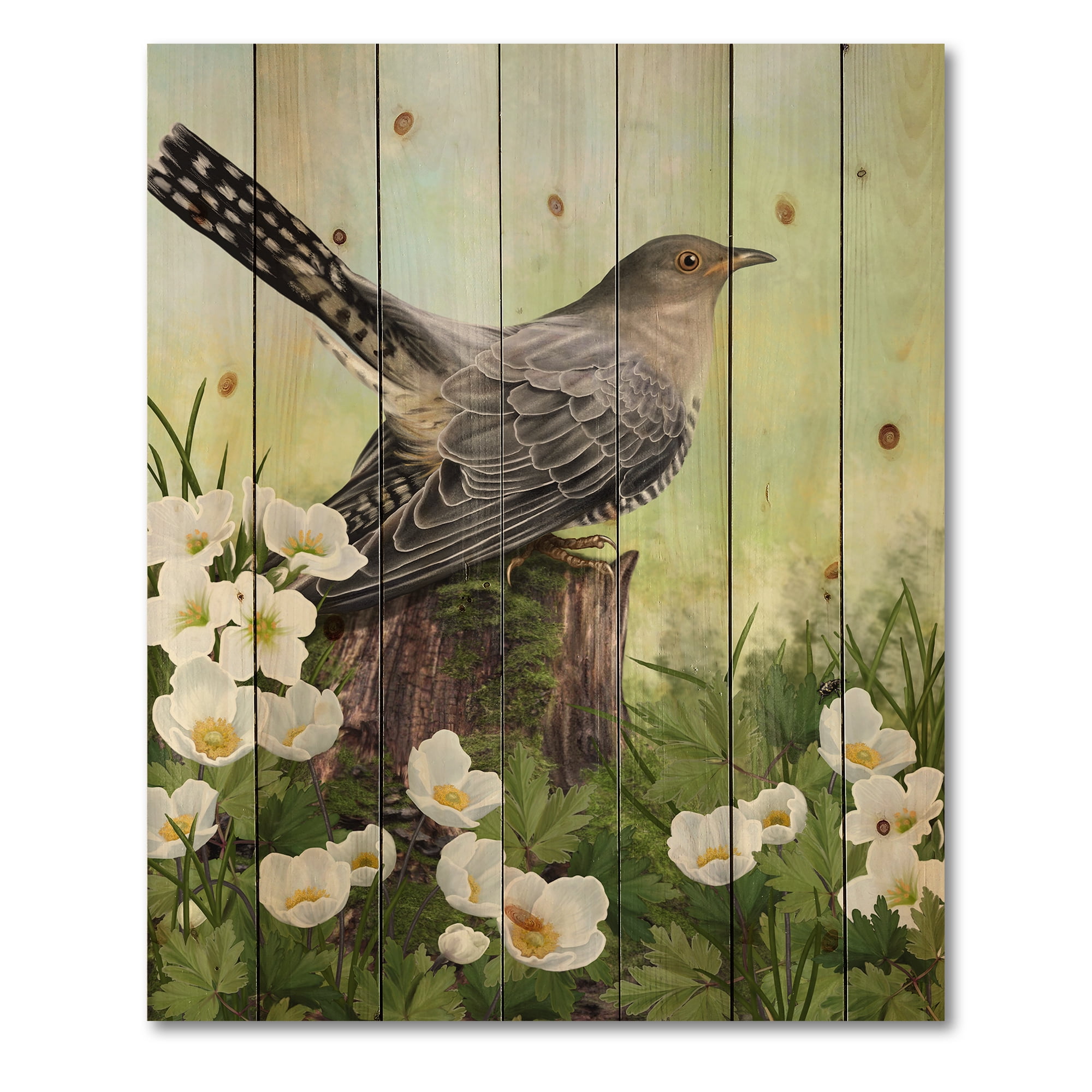Designart 'Cuckoo Bird On An Old Stump and White Flowers' Traditional Print on Natural Pine Wood
