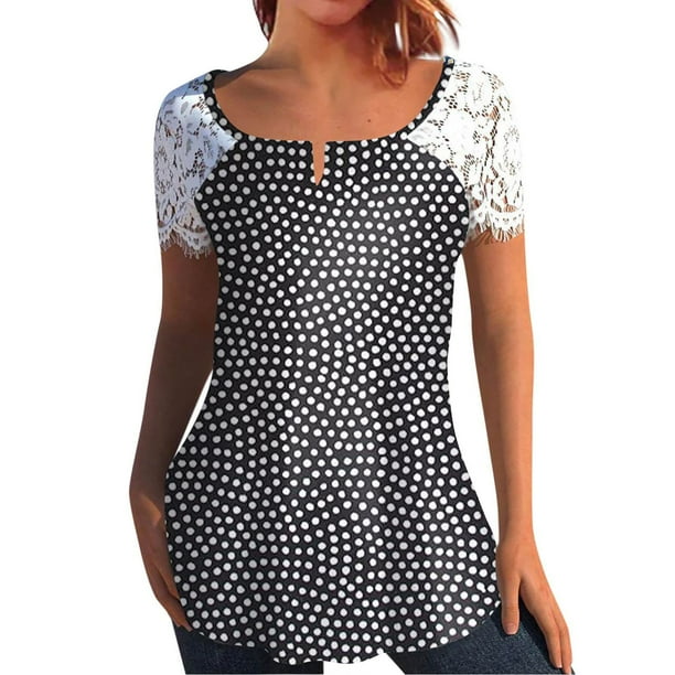 Mujeres Tops Casual verano encaje manga corta Split cuello túnica impresa camisetas camisetas Tops OAVQHLG3B Store lin121212