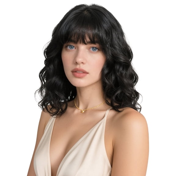 Creamily 14"Black Wig for Women Short Wavy Bob Wigs with Bangs Natural Black Hair Wigs Heat Resistant Synthetic Wigs