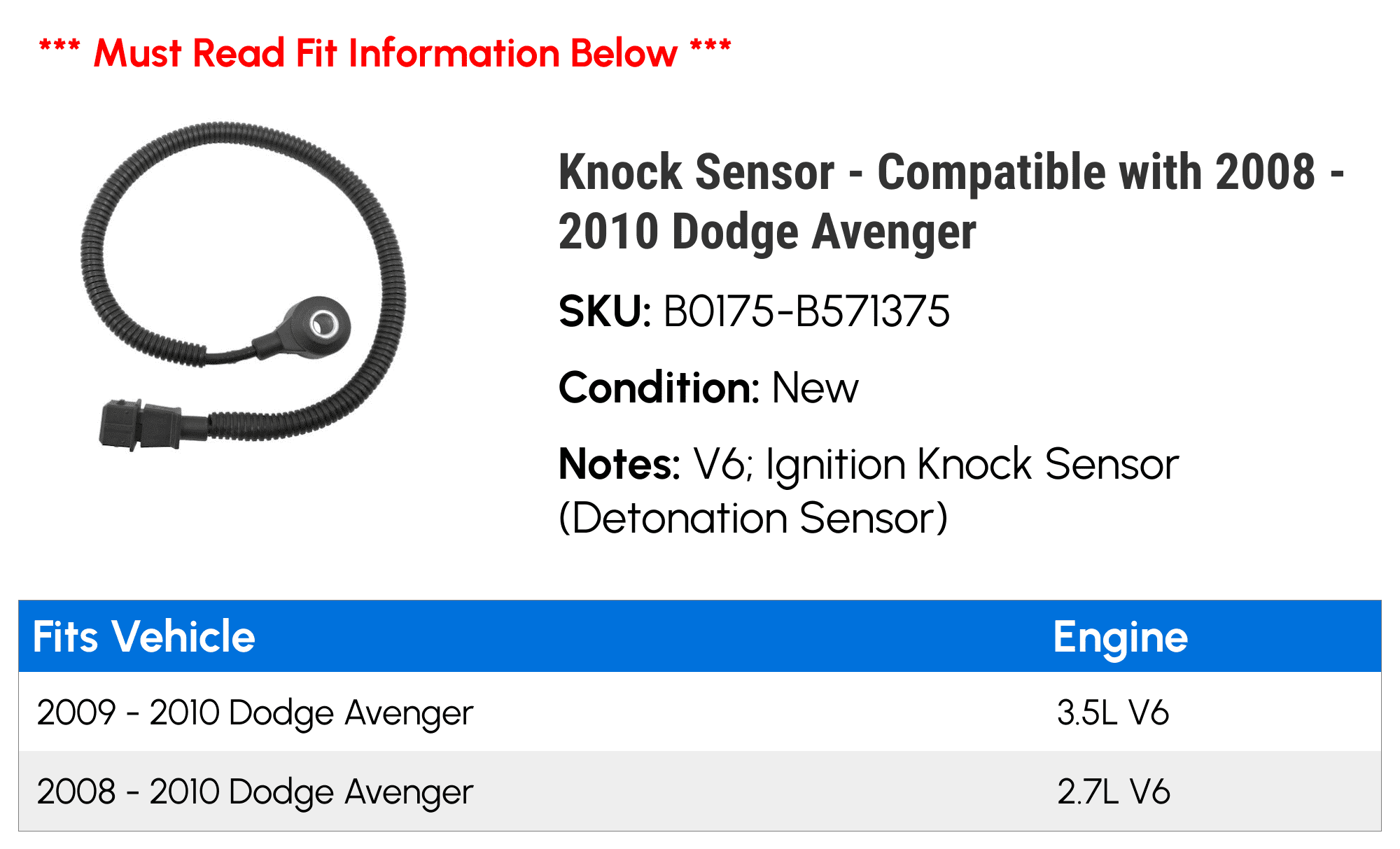 Knock Sensor - Compatible with 2008 - 2010 Dodge Avenger 2009
