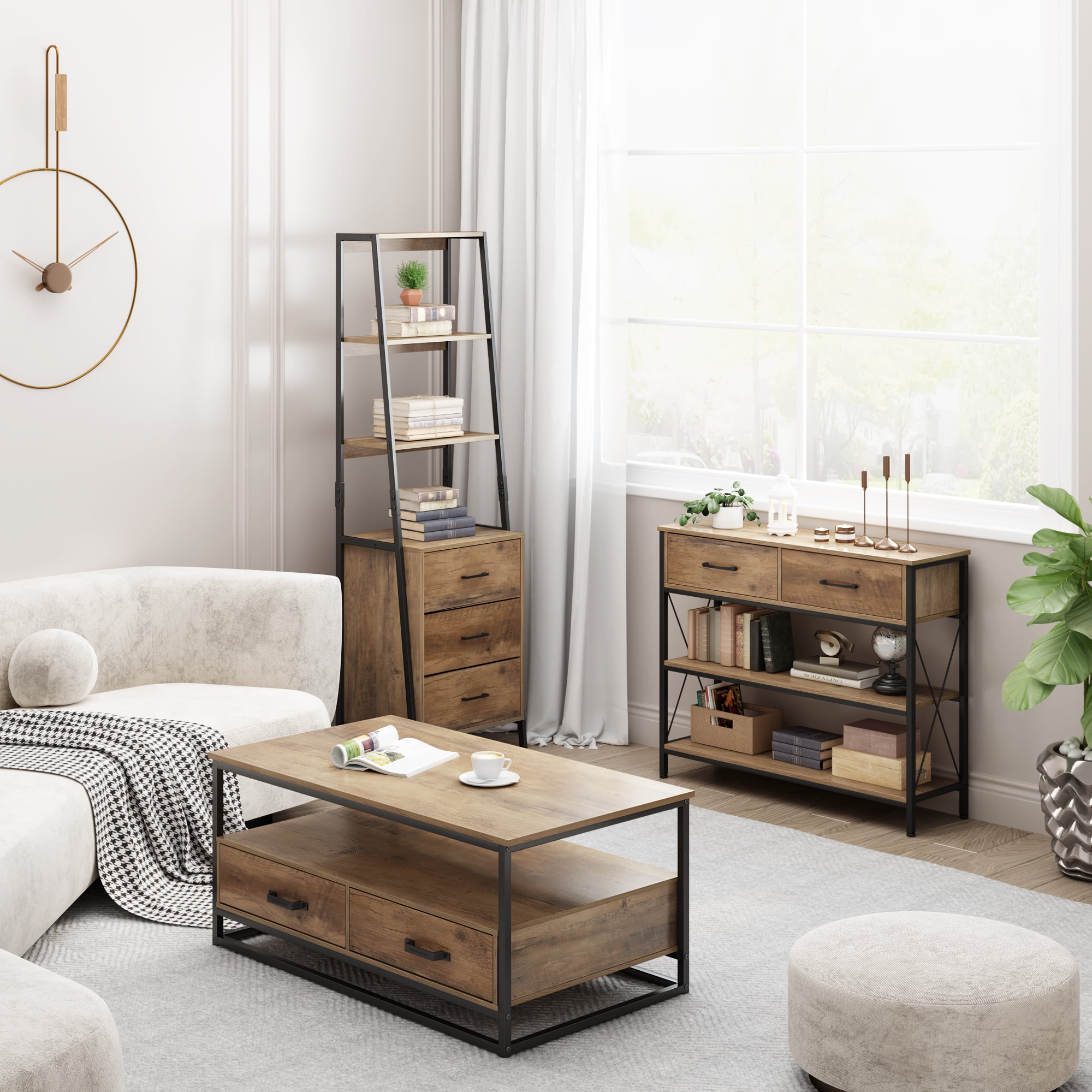 Homfa Console Table with Drawers, 11.8'' Narrow Entryway Table with Storage Shelves, Sofa Table for Living Room, Rustic Brown