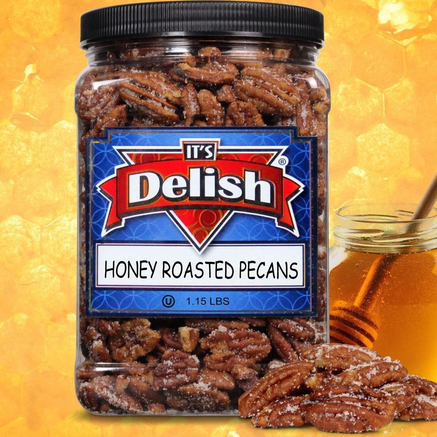 Honey Roasted Pecans by It's Delish, 1.15 LBS Reusable Jumbo Container  Gourmet Pecan Nuts in Honey Sugar Coating, Sweet & Heart Healthy Salted Nut, Kids Snack - Non-Dairy, Kosher Parve