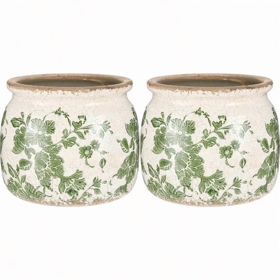 2 Pcs Vintage Planter Large Ceramic Plants Pot Beige Green Vintage Floral Ice Crack Cottage Scroll Vase Flower Vase Pot Indoor Plants Home Kitchen Decor Farmhouse Antique Decorative Gifts