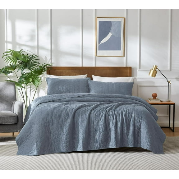 Blue Cotton Quilt King Size Bedding Sets with Pillow Shams, Lightweight Soft Bedspread Coverlet, Quilted Comforter Bed Cover for All Season, 3 Pieces