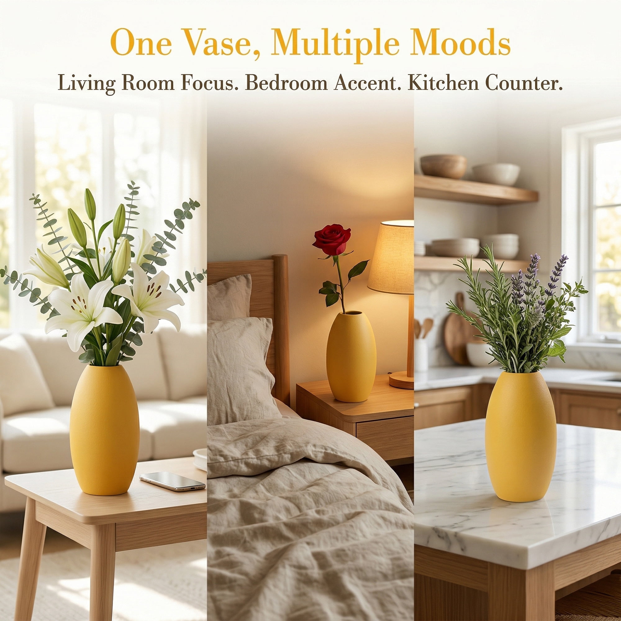 Unique Bargains Modern Ceramic Ribbed Flower Vase for Boho Yellow 3.5"L x 3.5"W x 6.1"H