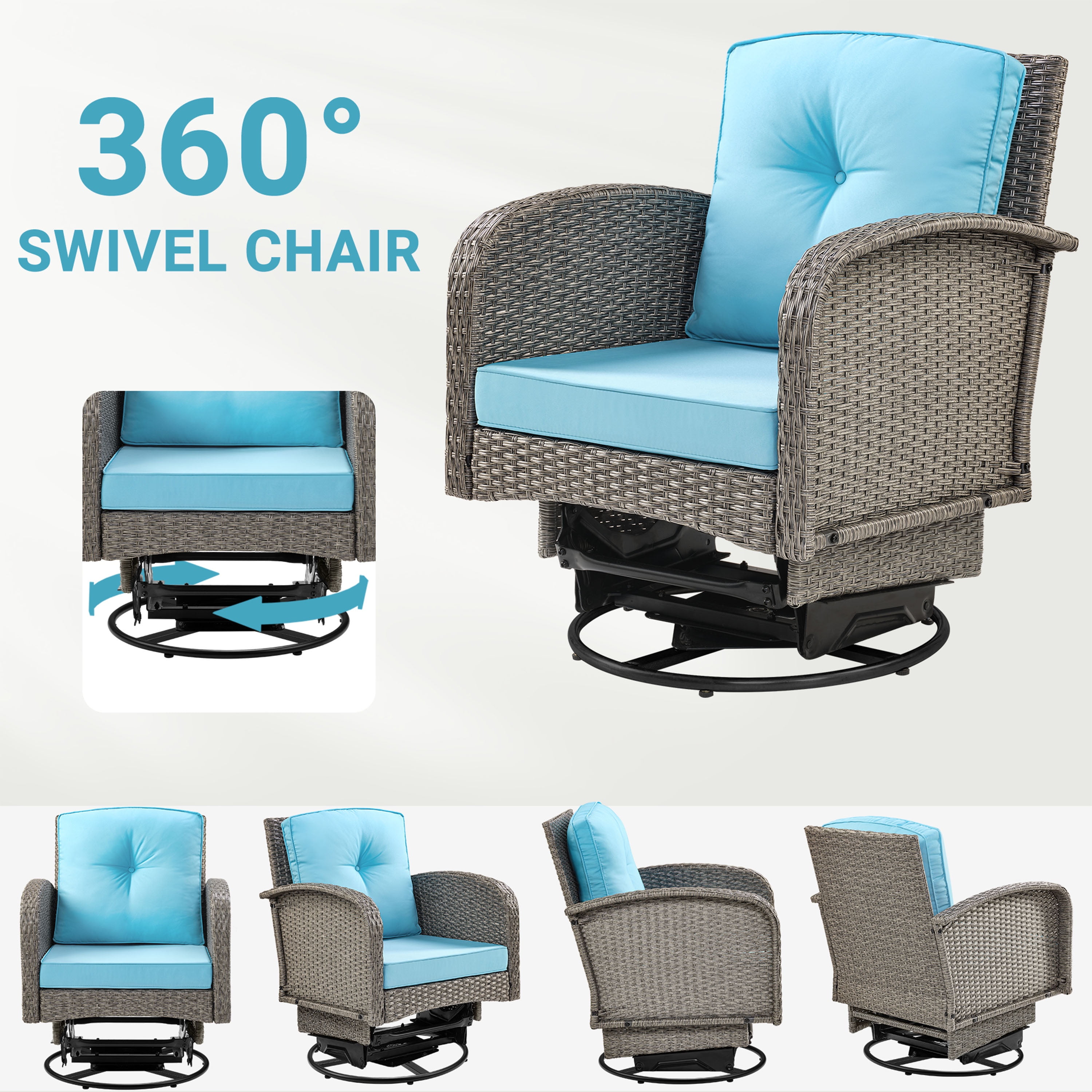 3 Piece Outdoor Bistro Swivel Chairs Set, Patio Bistro Set w/ 360° Swivel Rocking Chairs & Table, All-Weather Conversation Set with Metal Frame for Patio Backyard Porches or Garden - Blue