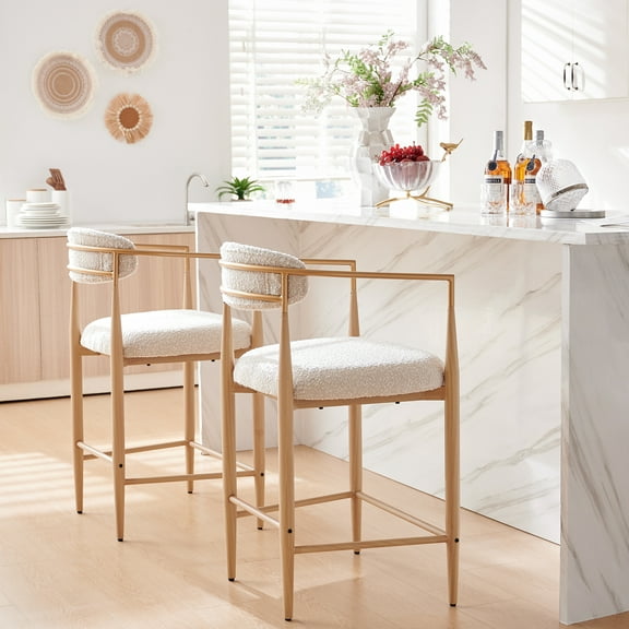 Morden Fort Armless Kitchen Island Bar Stools Set of 2, 26" H Counter Stools with Wood Garin Legs, Boucle Faric, White