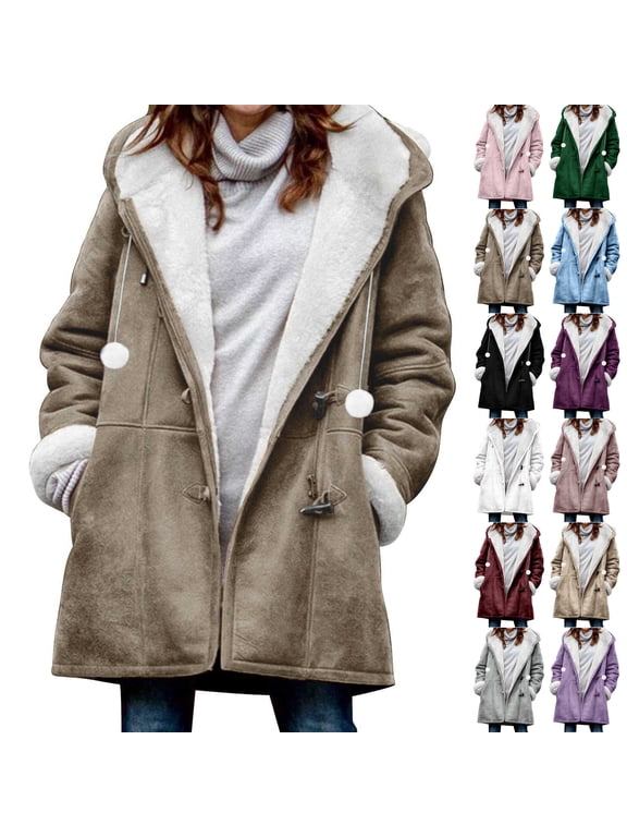 Women's Windproof Ski Jacket Warm Winter Snow Hooded Coat,Fleece Lined Mid-Length Horn-Style Buttons,Oversized Cold Weather Outerwear with Pockets and Fleece Cuffs