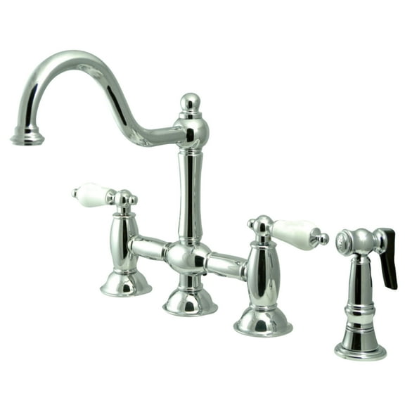 Kingston Brass KS3791PLBS Restoration Bridge Kitchen Faucet with Brass Sprayer, Polished Chrome