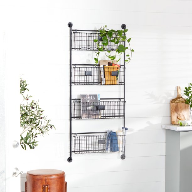 DecMode Large Black Metal Basket Wall Rack, 27" x 61"