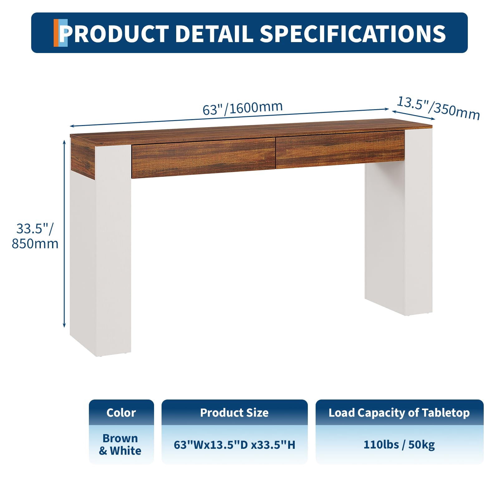 63" Long Console Table with Storage, Wooden Entryway Table with 2 Drawers, Modern Farmhouse Entryway Furniture for Hallway, Foyer, Living Room