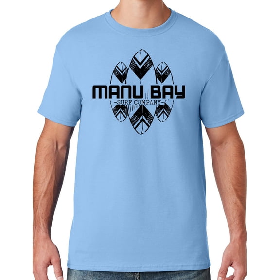 Mens Manu Bay Surf Company BLACK SURFBOARDS T-shirt, Small Light Blue