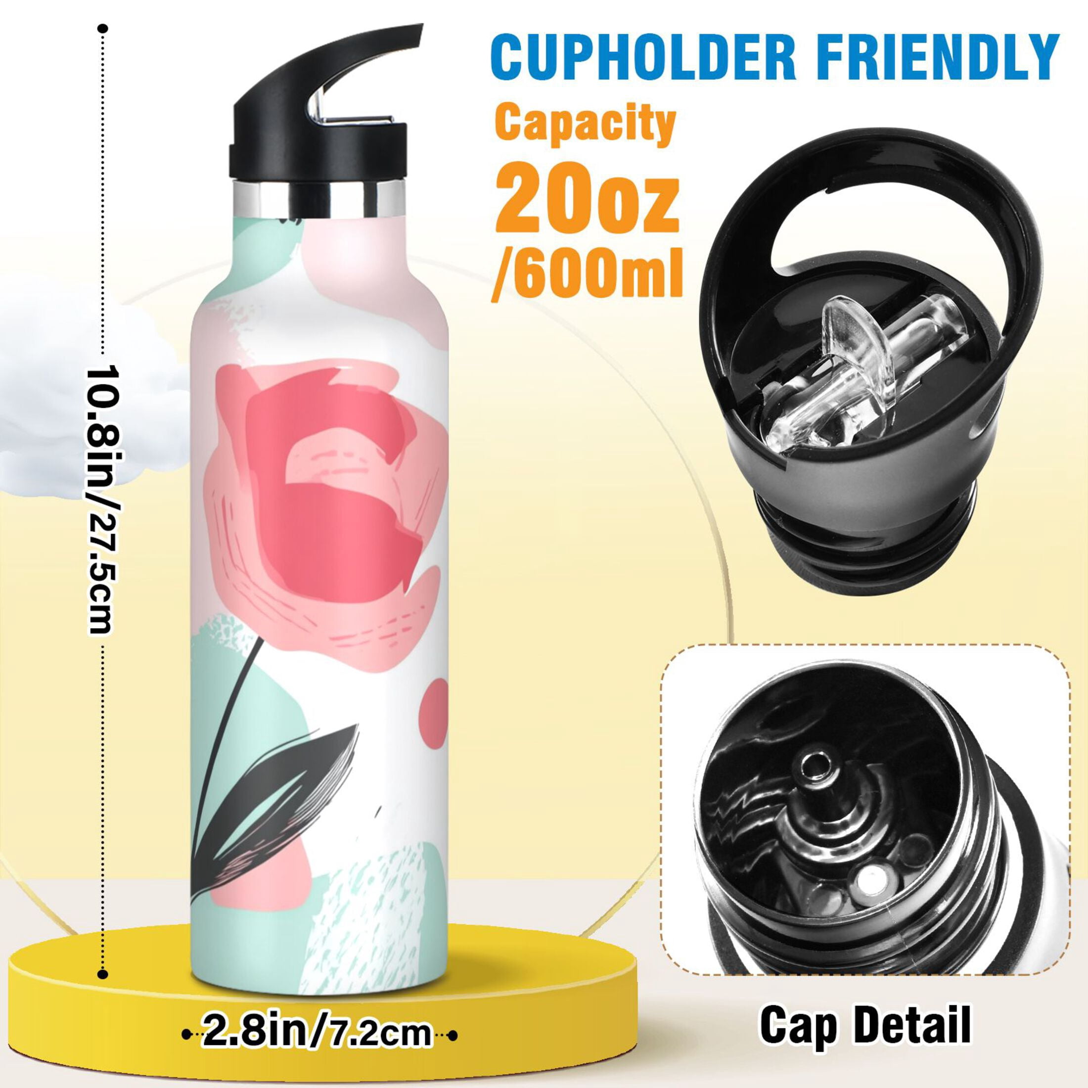 Kids Insulated Stainless Steel Sports Water Bottle 600ml (20oz) Large and Cartoonish Rose