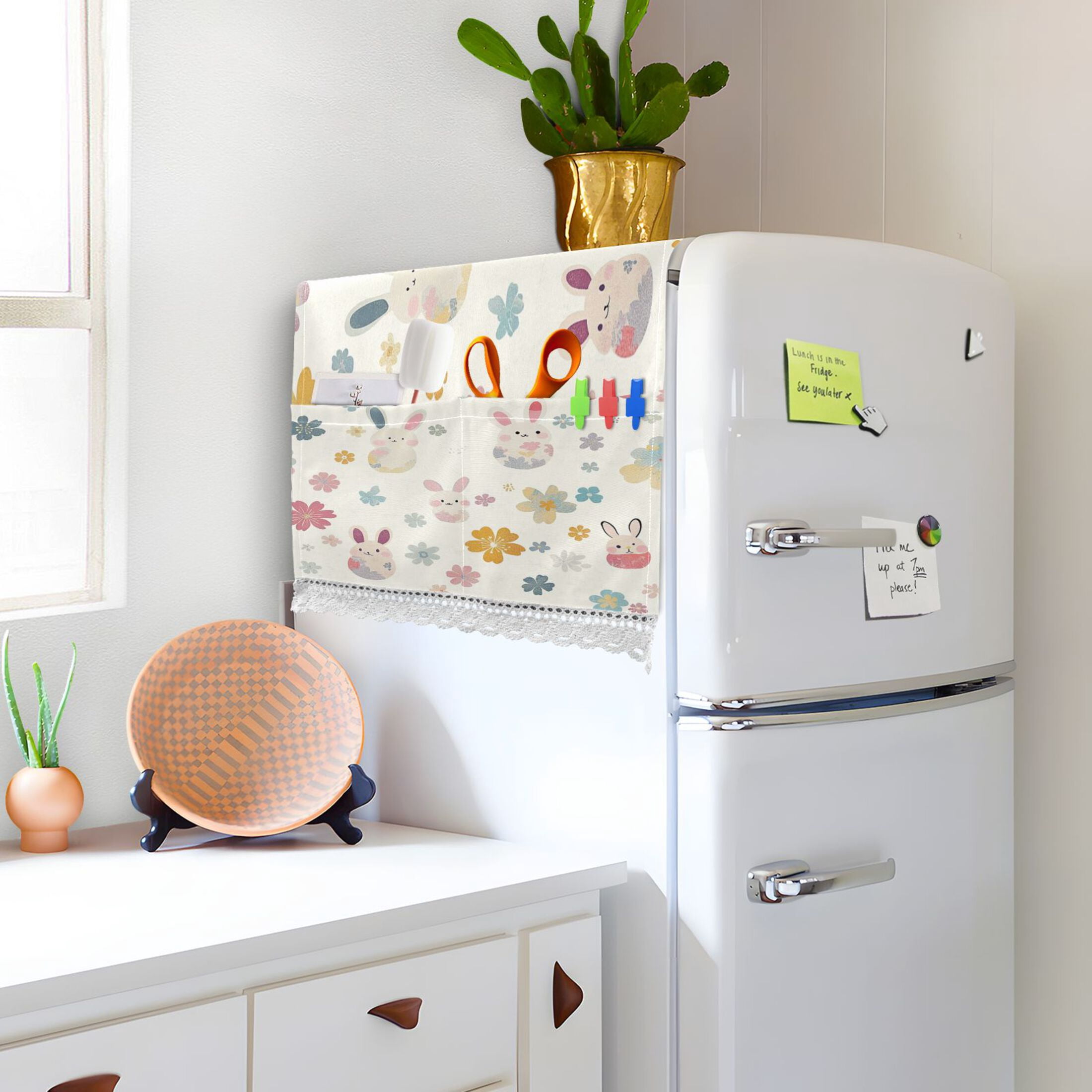 Cute Rabbit PatternWasher and Dryer Covers Dust-Proof and Oil Resistant Fridge Cover with 4 Storage Pockets Washing Machine Top Cover for Laundry Kitchen Home 51.2 x 22 In