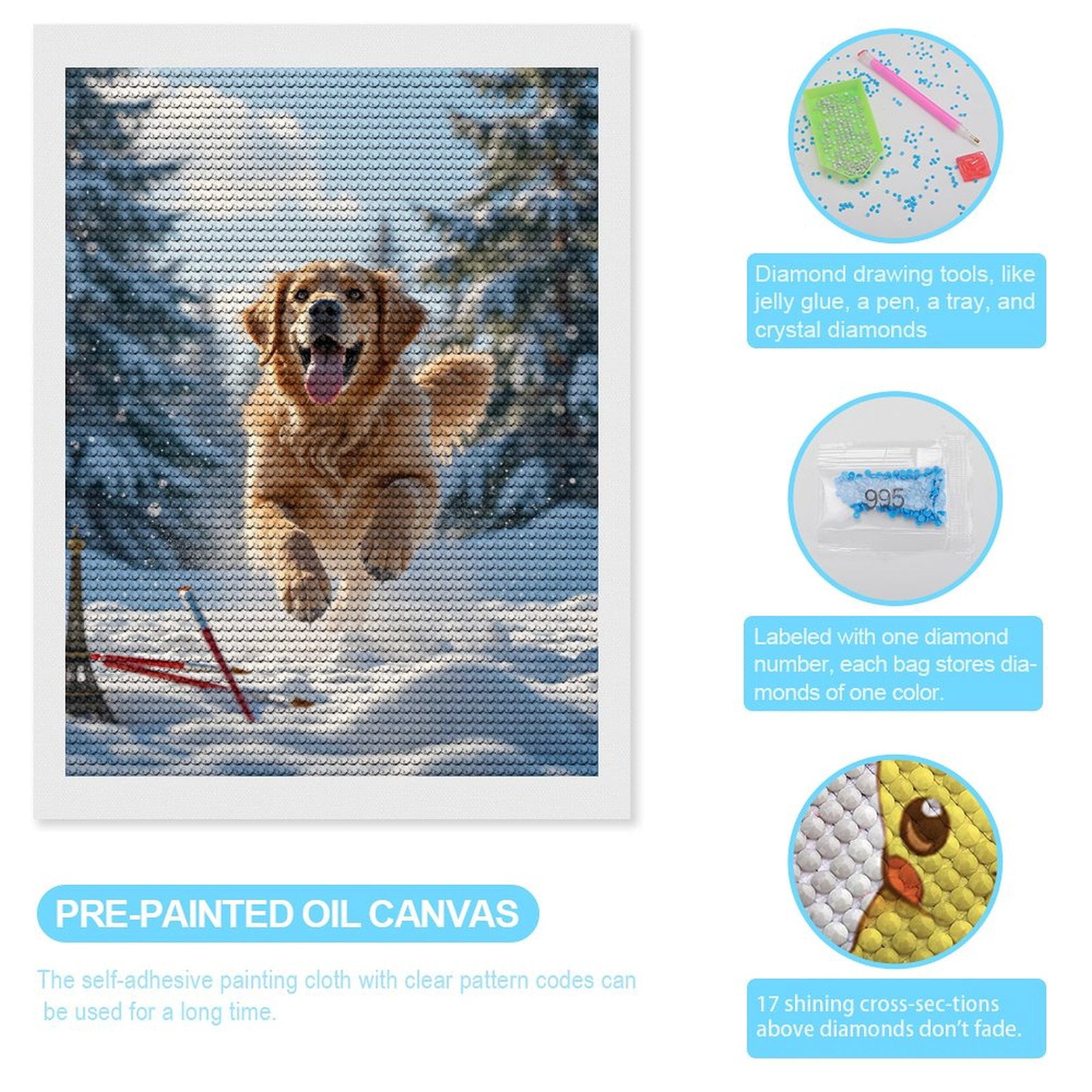Diamond Art Kits for Adults, Golden Dog Running Snow Forest 5D Diamond Painting Kits for Adults Beginners, DIY Full Drill Diamond Painting, Gem Art and Crafts 12x16