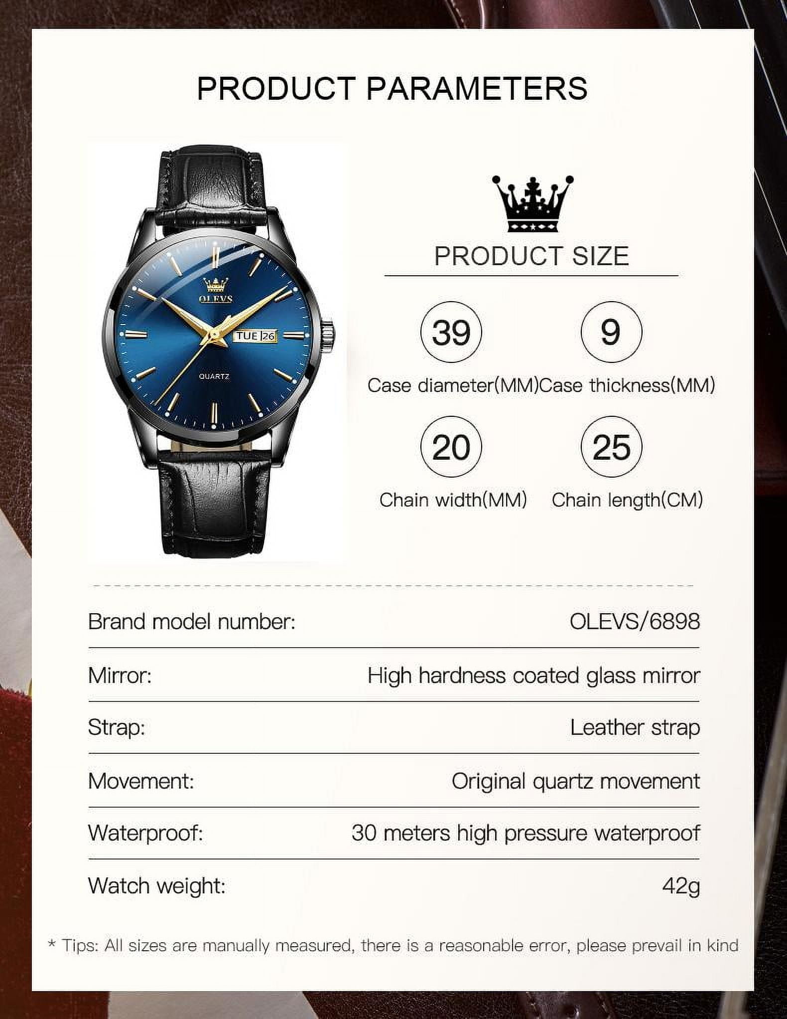 OLEVS Mens Watches,Black Leather Watch for Men,Analog Quartz Fashion Business Dress Watch Luminous Waterproof Casual Male Wrist Watches Reloj para Hombre Blue Dial