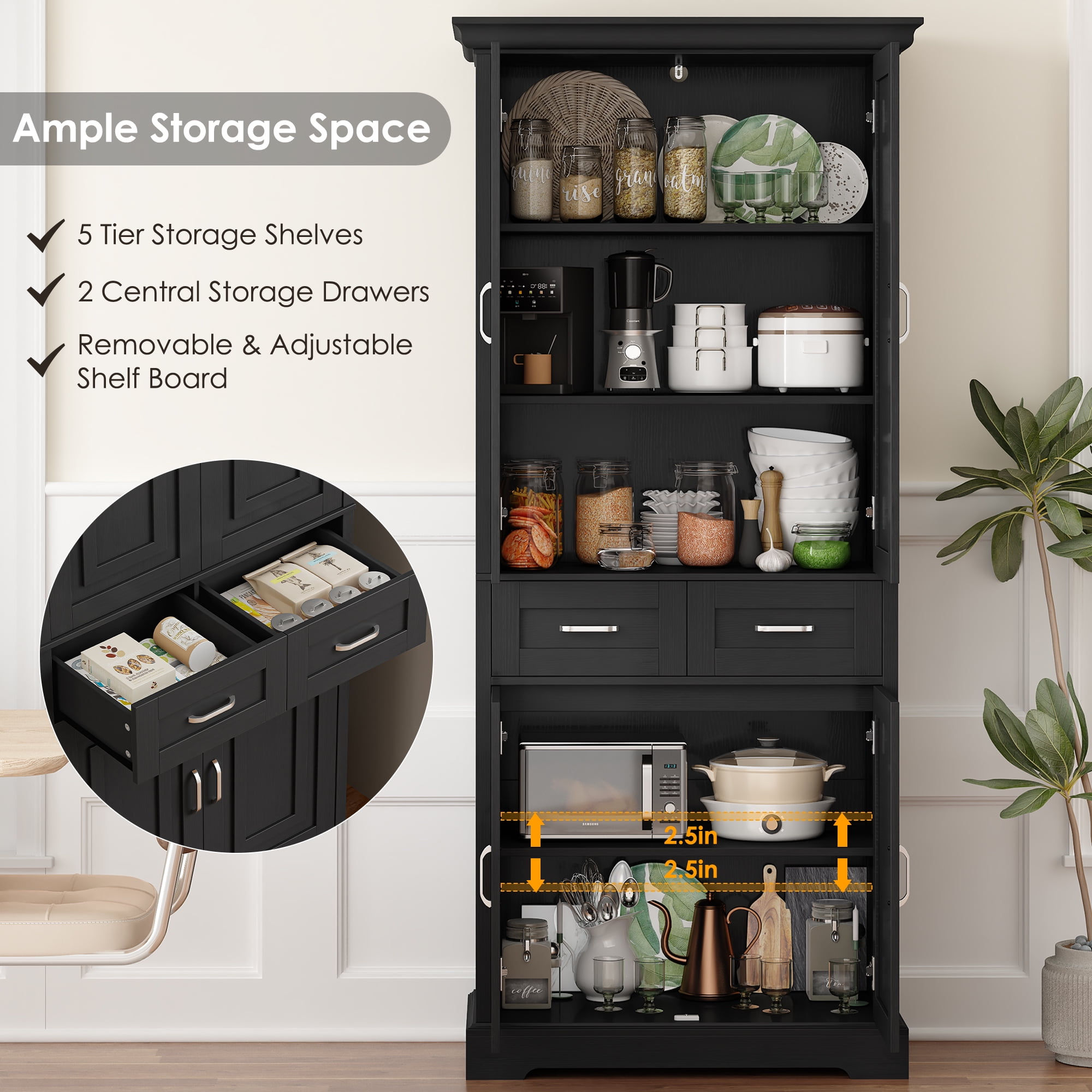 Homfa 70.9'' Tall Kitchen Pantry with 4 Doors, 2 Drawer Modern Freestanding Storage Cabinet for Dining Room Living Room, Black