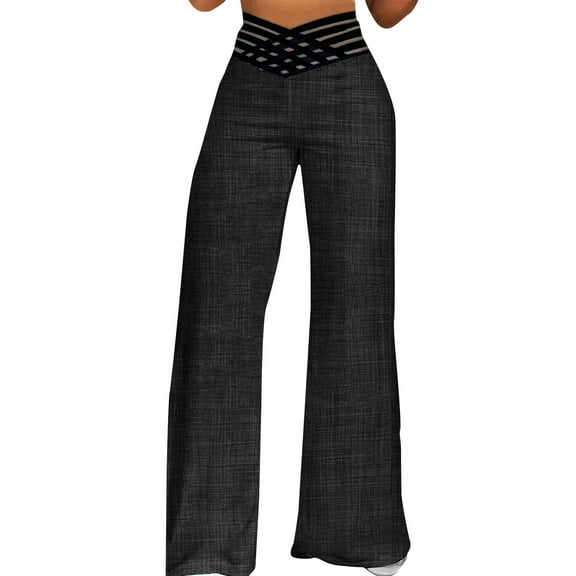WTOBBY Women's Hollow Belt Detail Flared Wide Leg Pants - Office Casual Trousers with High Waist & Stretch Fabric for Professional Chic Looks,Black L