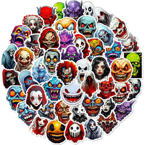 50-Pack Scary Face Graffiti Stickers - Horror Skull Halloween Prank Decals