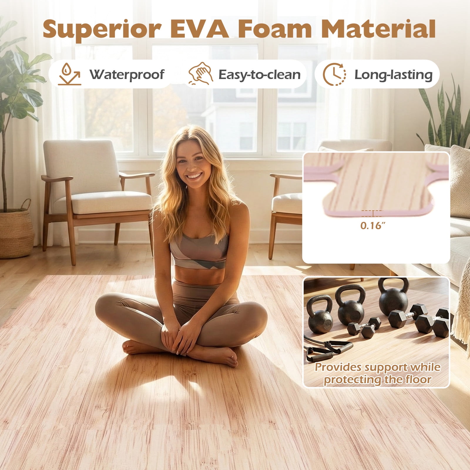 Patiojoy Interlocking Floor Tiles Wood Grain Printed EVA Foam Puzzle Tiles with Waterproof Surface