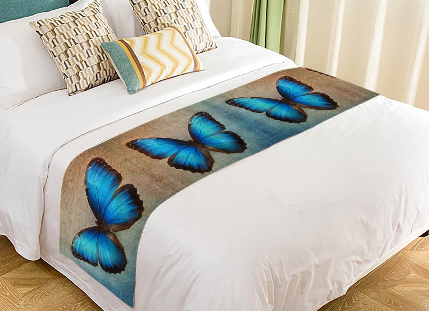 YKCG Vintage Blue Butterfly Bed Runner Bedding Scarf Size 20x95 inches ...