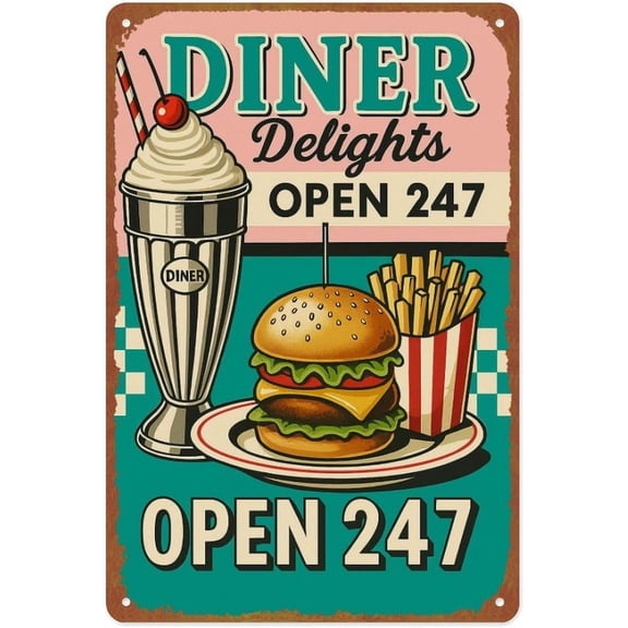 Retro Diner Delights Open Metal Tin Wall Sign Vintage Cafe Bar Decor 8 x 12 Inches