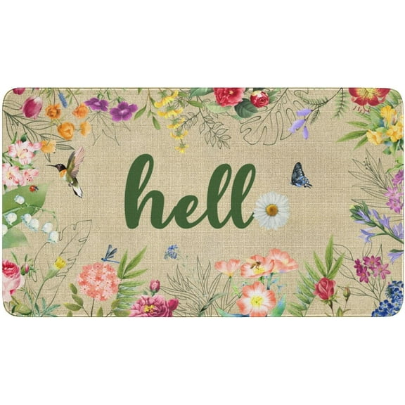 Hello Floral Decor Door Mat - Spring Summer Welcome Mats Outdoor Color Flowers Doormat Non Slip Rubber Flowers Decorative Front Door Mats Indoor Rug 17" x 30"