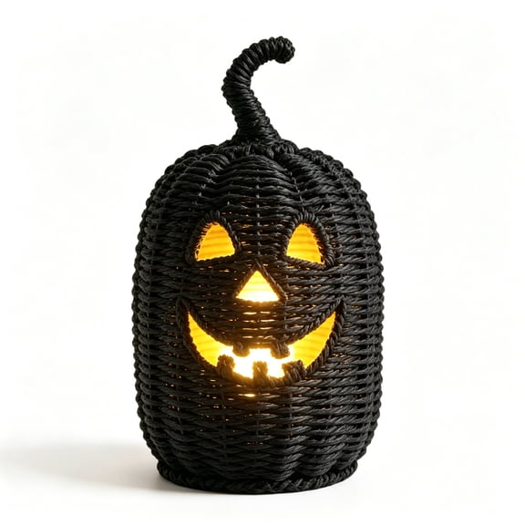 QLUEWX Hand Woven Black Pumpkin Lantern Halloween Decoration, 11.8" Light Up Wicker Pumpkin Lamp, Rustic Woven Pumpkin Ornament for Halloween Mantel Table Entryway Indoor Home Fall Holiday Decoration