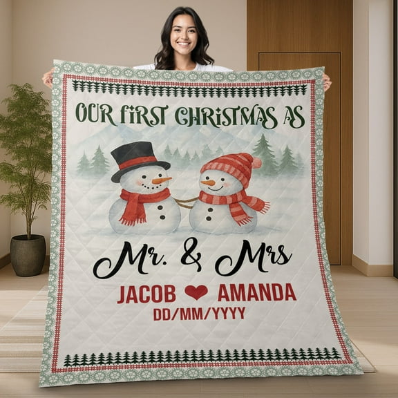 Personalized Our First Christmas As Mr & Mrs Quilt Blanket – Custom Snowman Couple Blanket with Names & Date, Romantic Wedding Gift, Newlywed Holiday Gift Quilt