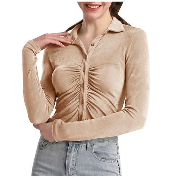Mujeres Casual Solapa Mangas largas Un solo pecho Color sólido Tight Sexy Camiseta Top Fridja fjkfkj7838