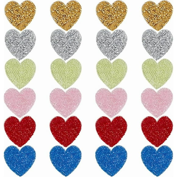 24pcs Heart Rhinestone Iron on Patches Fabric Stickers Sew on Patches Badge Heart Iron on Rhinestone Hotfix Applique for Hats Jeans Clothes Women Dress Shoes Pants Bags Decoration