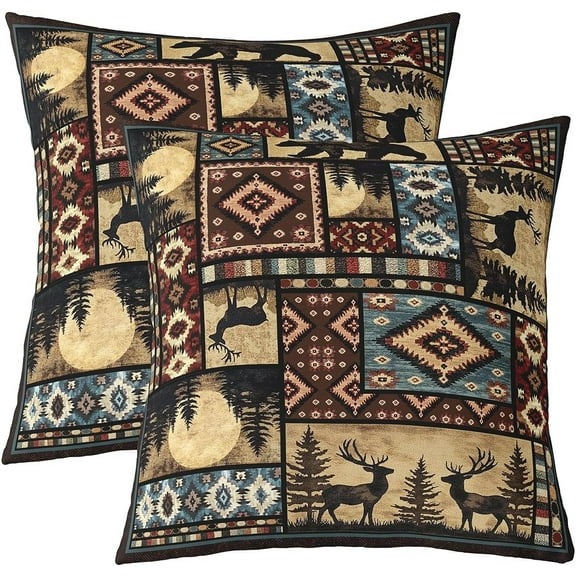Ryan; Set of 2 Rustic Bear Throw Pillow Covers 18x18 Inch,Buffalo Grid Pillow Covers,Hunting Deer Farmhouse Cabin Decorative Square Pillow Cases,Southwest Aztec Tribal Cushion Cases,Brown Red