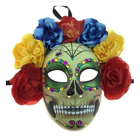 KBW Adult Unisex Female Day of Dead Full Face Mask with Rose Flower Crown, Colorful Mardi Gras Sugar Skull Multicolored One Size Mexican Spanish Tradition Halloween Costume Accessory Novelty Costume
