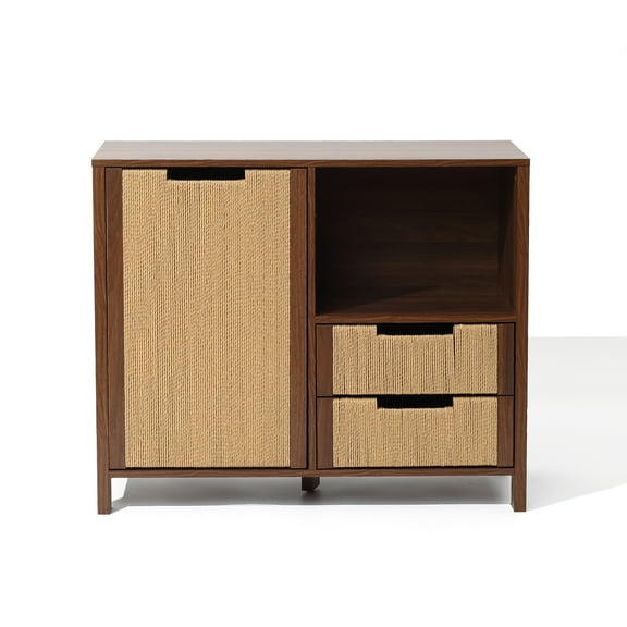 LuxenHome Walnut Finish Storage Cabinet with Rope Drawer Front, 1 Door, 2 Drawers, MDF Wood