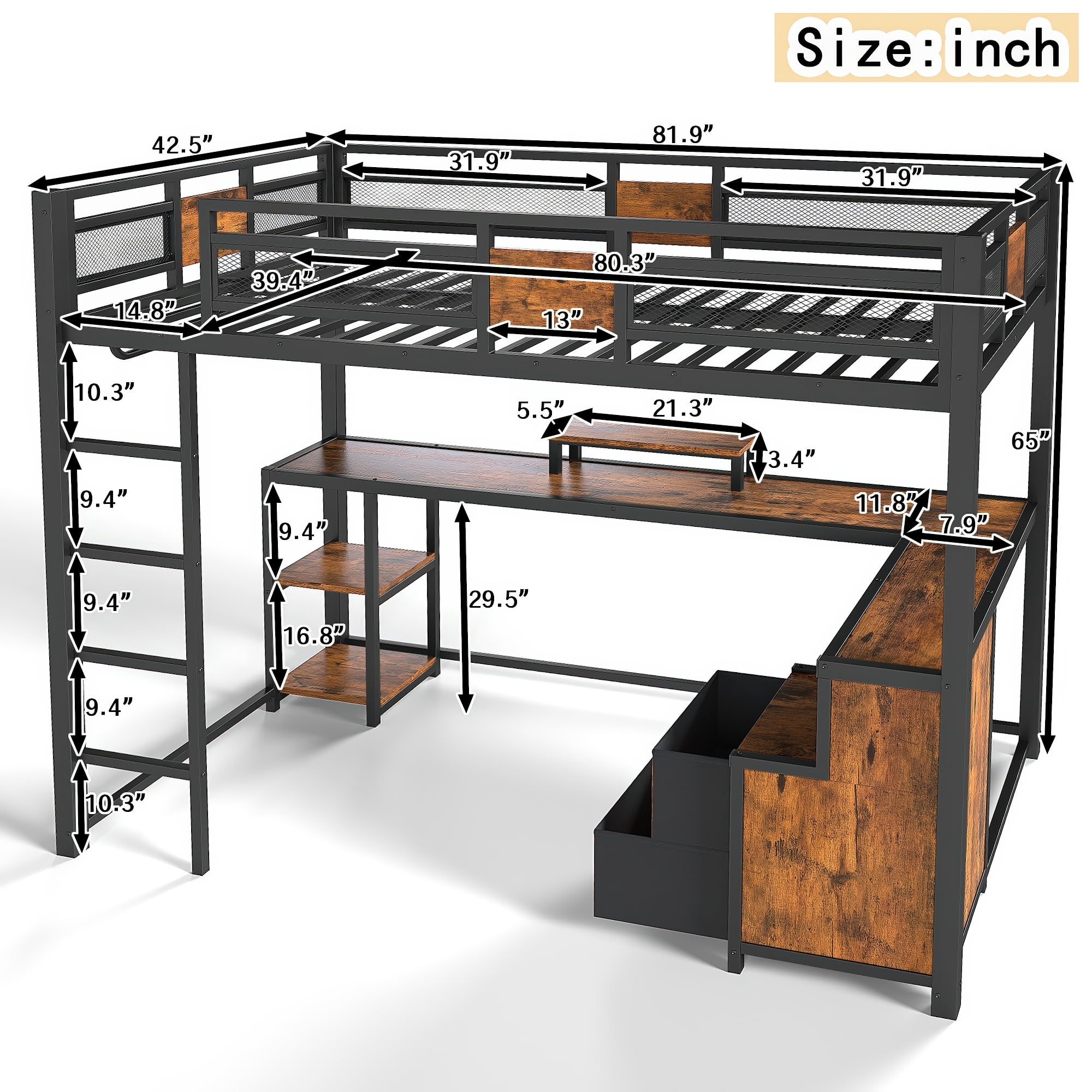 Leumius Twin XL Loft Bed with Desk and Storage Non-woven Fabric Drawers, Metal Loft Bed Frame with Ladders, Nosie-free and No Spring Box Needed for Teens Adults Black