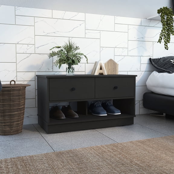 Black Modern Bench with 2 Drawers and Shelves / Ideal for Home Organization
