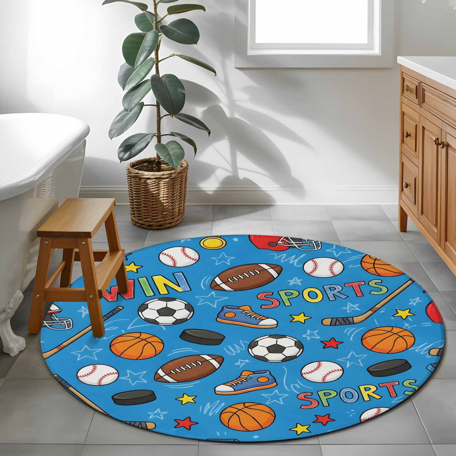 Blue Sports Round Area Rug 3.3Ft Washable Circle Rugs for Dining Room Table, Football Basketball Rugby Baseball Non-Slip Carpet Floor Mats Indoor Outdoor Carpet Runner Aesthetic Home Decor