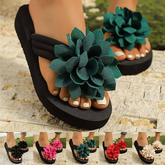 YangJinLian Women's Flip Flops Comfort Casual Summer Beach Thong Sandals Flower Flat Flip Flops Trendy Slide Sandal Red