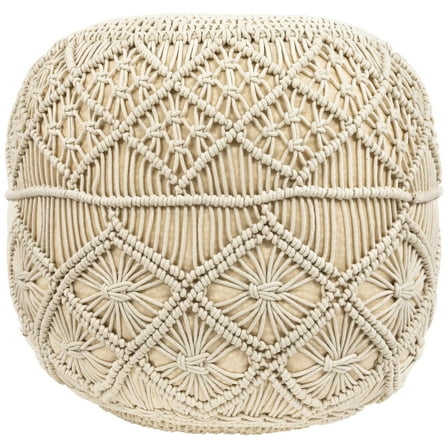 Northlight 18" Solid Cream Macrame Round Handmade Natural Cotton Pouf Ottoman