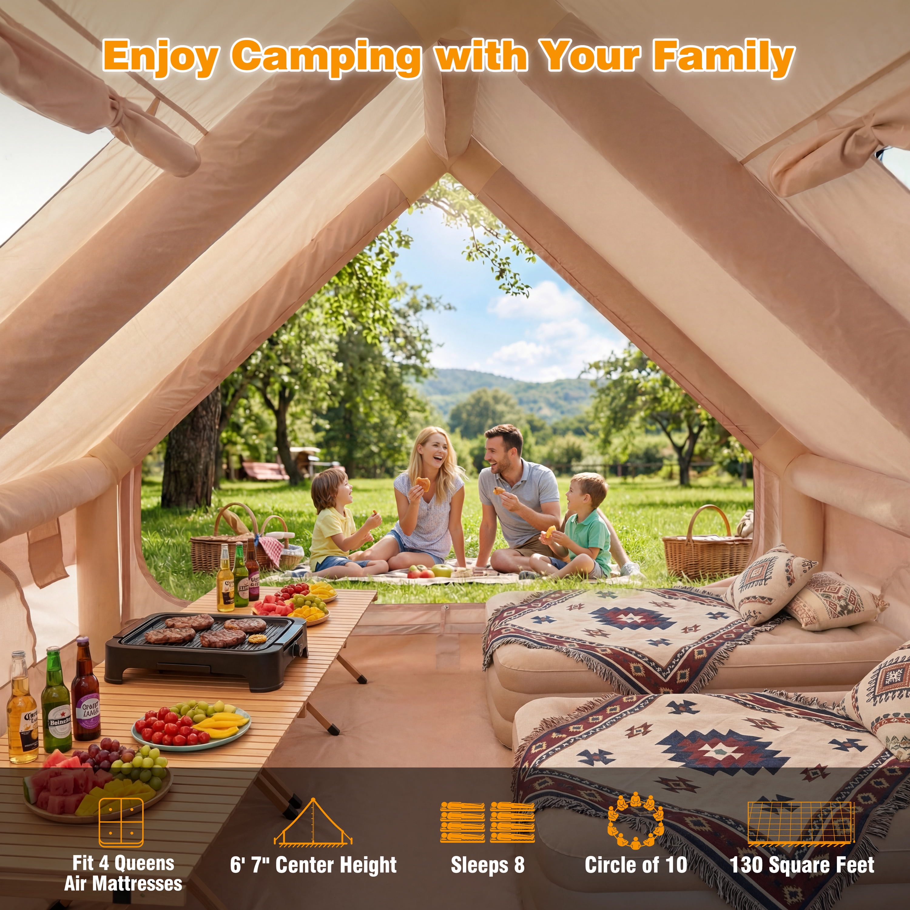 Qunler 8-10 Person Inflatable  Tent, Large Open-Space Air Tent with 2 Doors, Waterproof Blow Up Cabin for Family, Beige