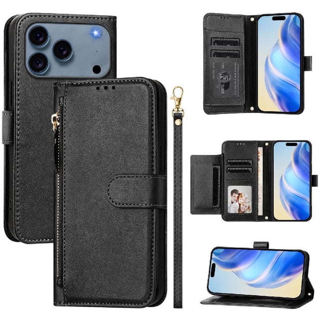 Zipper Wallet Case for iPhone 17 Pro Max with Card Slots & Wrist Strap, Flip Cover Stand Black