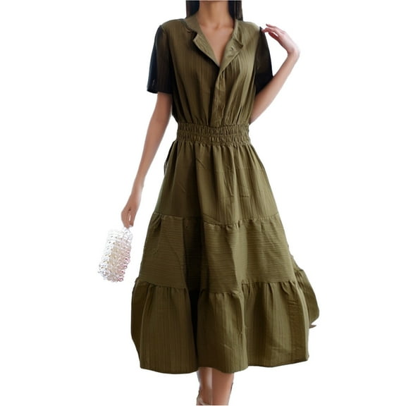 Dpytoraw Womens Summer 2025 Casual Midi Maxi Dresses Lightweight Short Sleeve V Neck Elastic Waist Boho Beach Dress Pockets Mini Dresses for Women