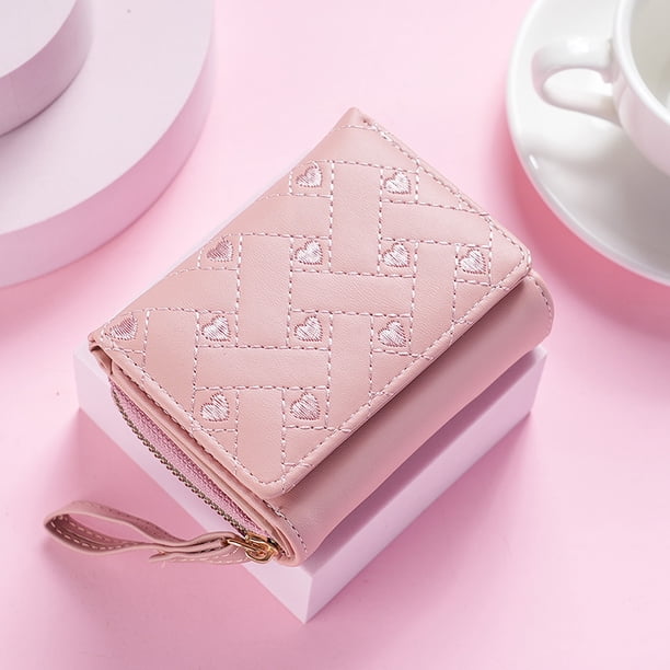 Cartera Rosa Para Mujer Con Bordado De Corazón - Cremallera, Colgante De Borlas - Tamaño 11x9x2.5 Cm