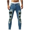 thumbnail image 2 of lkfuzj Men's Ripped Patch Skinny Jeans, Solid Color Button Stretch Slim Fit with Pockets, Trendy Distressed Denim Pants for Casual and Stylish Look, 2 of 9